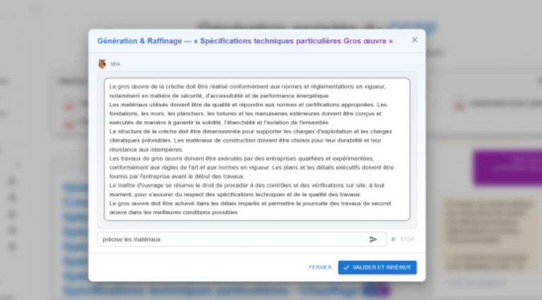 Fonctionnalité MIA Génération CCTP